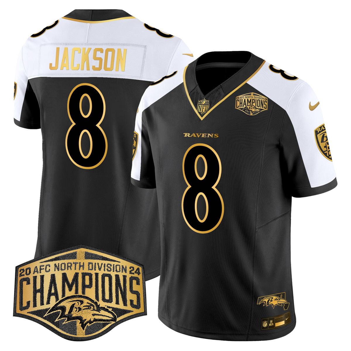 Men's Ravens Maryland 2024 AFC North Division Champions Patch Gold Vapor Limited Jersey - All Stitched - Alternate - Lamar Jackson — view 1