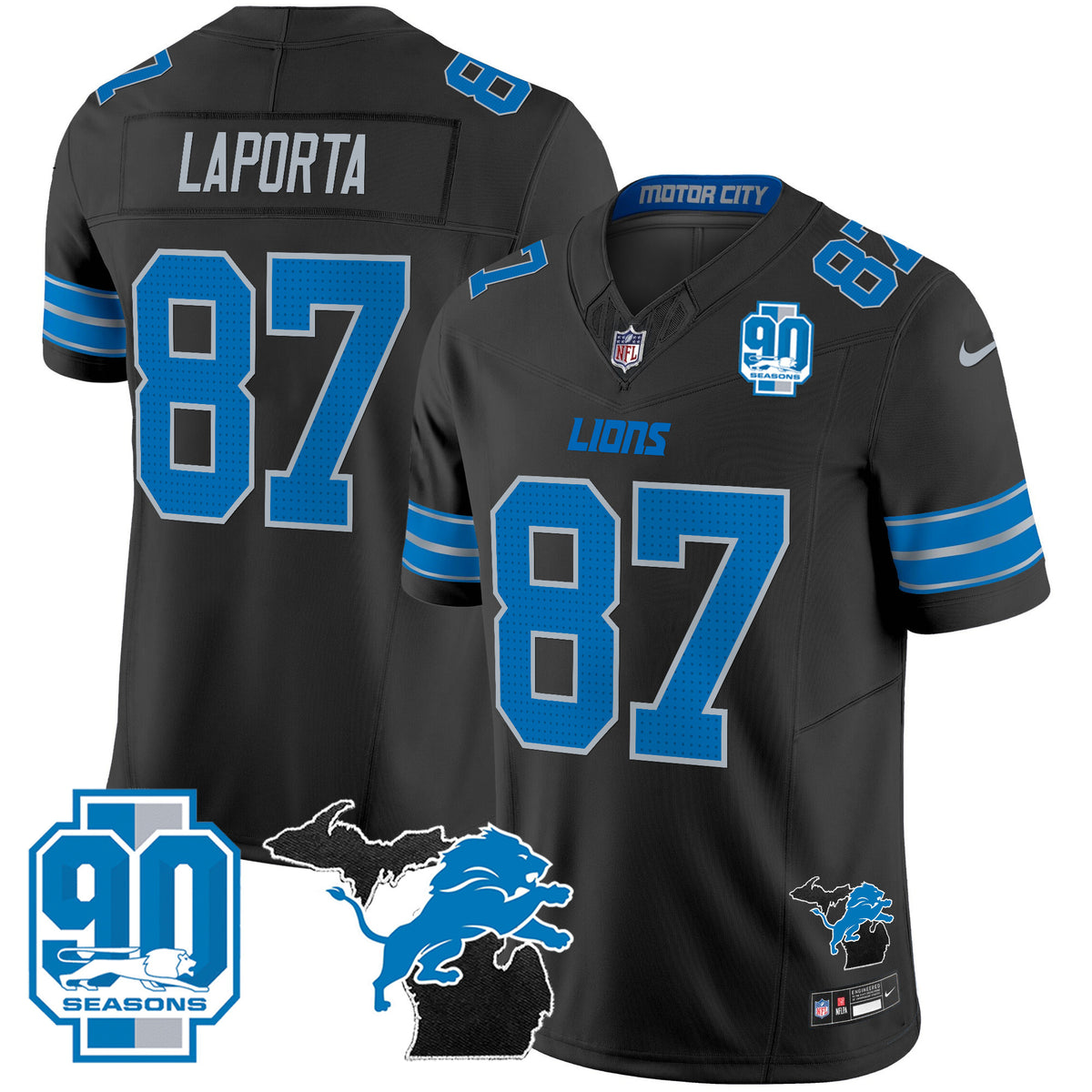 Men's Detroit Lions 2025 Michigan & 90th Year Patch Vapor Jersey - All Stitched - Black - Sam Laporta — view 1