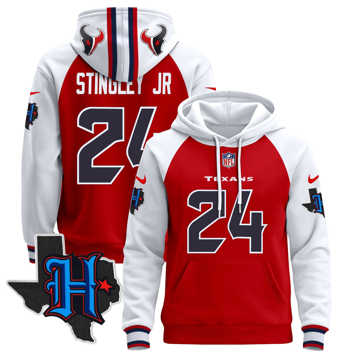 Men's Houston Texans 2024 Pullover Hoodie - All Stitched - Red Alternate - Derek Stingley Jr — view 1