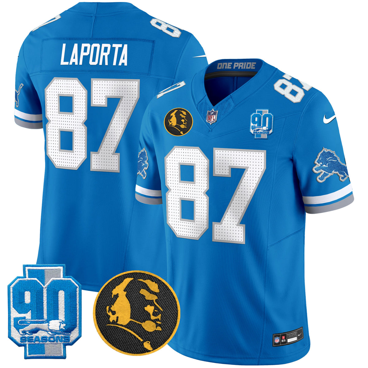 Men's Detroit Lions 2024 90th & John Madden Patch Vapor Limited Jersey V2 - All Stitched - Blue - Sam Laporta — view 1