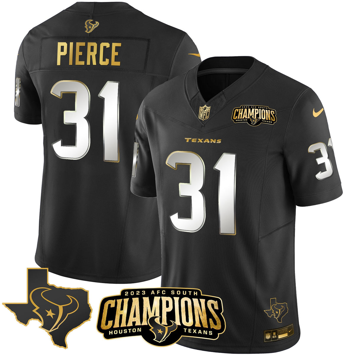 Men's Houston Texans 2023 AFC South Champions Patch Gold Vapor Jersey - All Stitched - Black Limited - Dameon Pierce — view 1