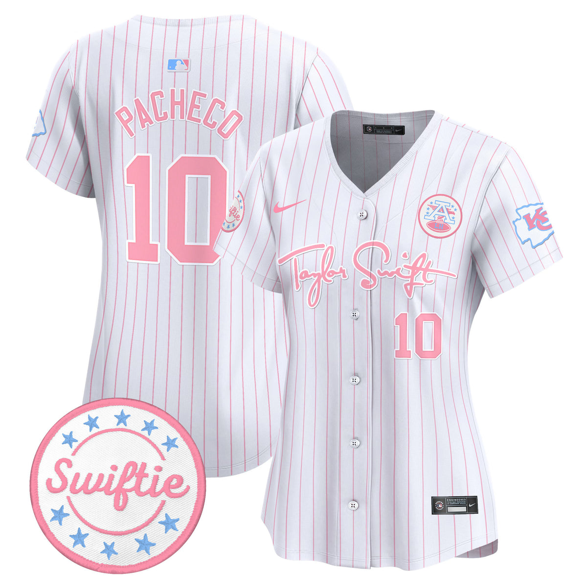 Women's Chiefs Taylor Swift Bubblegum Pink Vapor Premier Limited Jersey - All Stitched - Pinstripe - Isiah Pacheco — view 1
