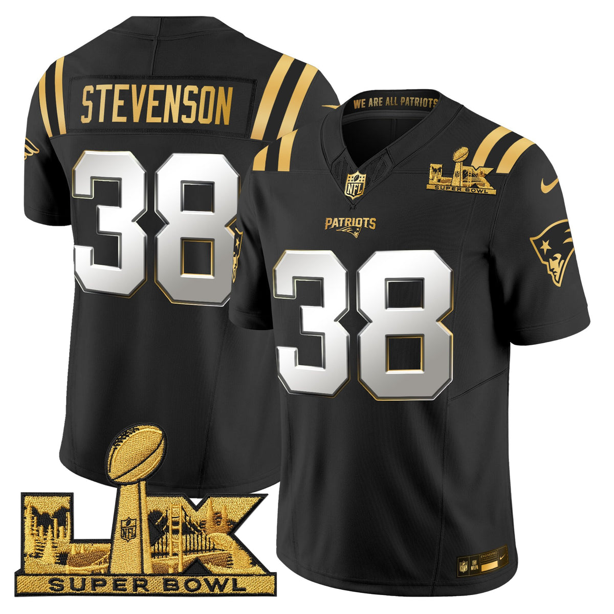 Men's New England Patriots Super Bowl LX Gold Vapor Limited Jersey - All Stitched - Black Limited - Rhamondre Stevenson — view 1