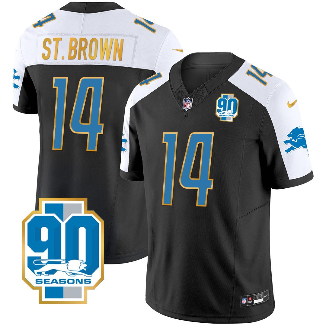 Men's Detroit Lions 90th Year Patch Gold Trim Jersey - All Stitched - Black Alternate - St. Brown — view 1