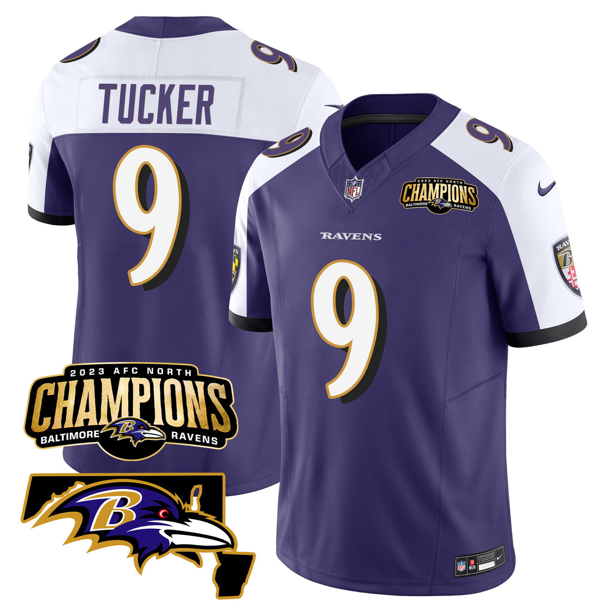 Men's Ravens 2023 AFC North Champions & Maryland Patch Vapor Jersey - All Stitched - Purple Alternate - Justin Tucker — view 1