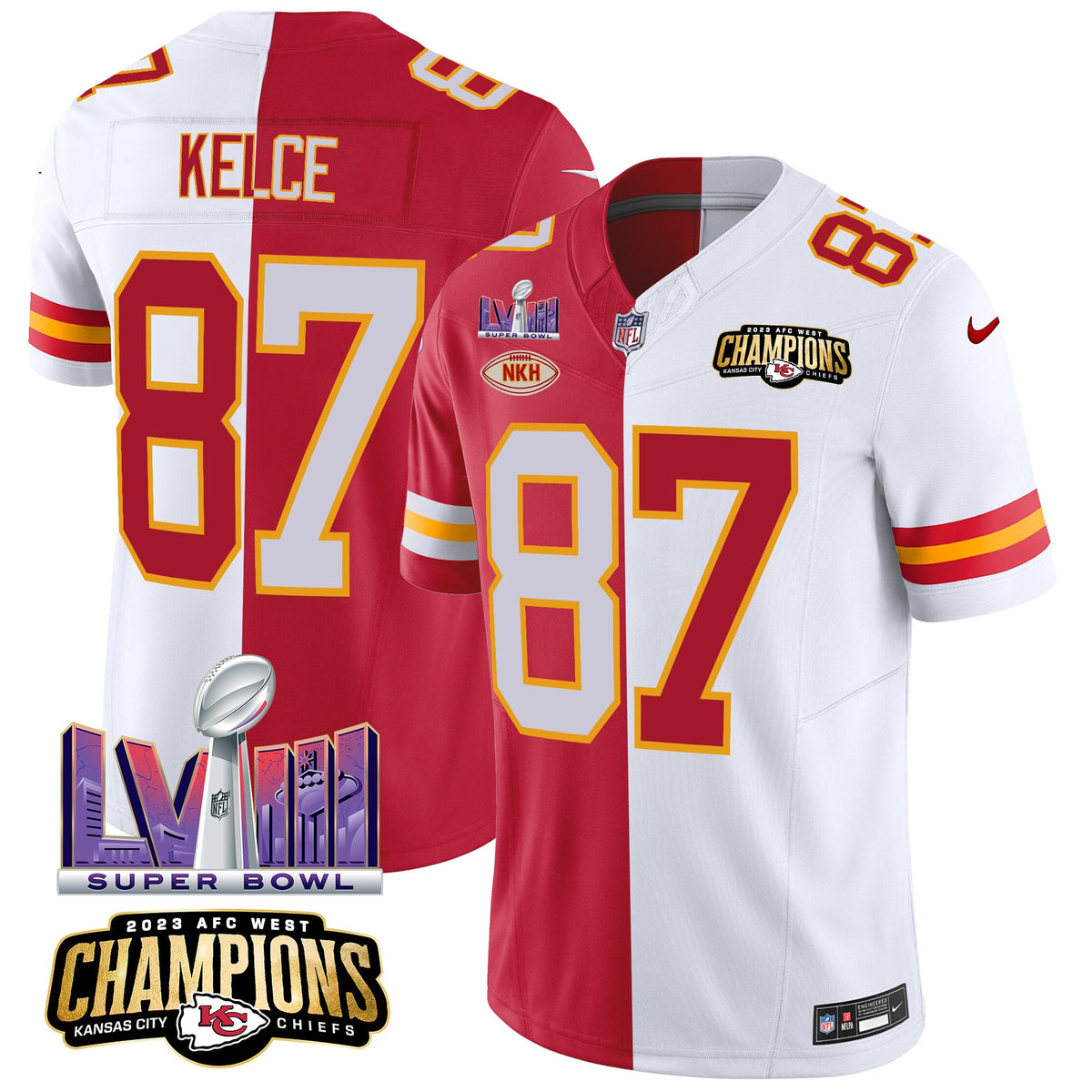 Men's Chiefs AFC West Champions & Super Bowl LVIII Patch Vapor Jersey V2 - All Stitched - Split - Travis Kelce — view 1