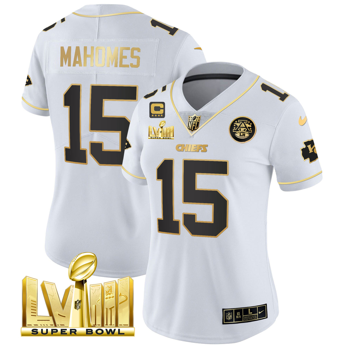 Women's Chiefs Super Bowl LVIII Gold Patch Vapor Jersey V4 - All Stitched - White Gold - Patrick Mahomes — view 1