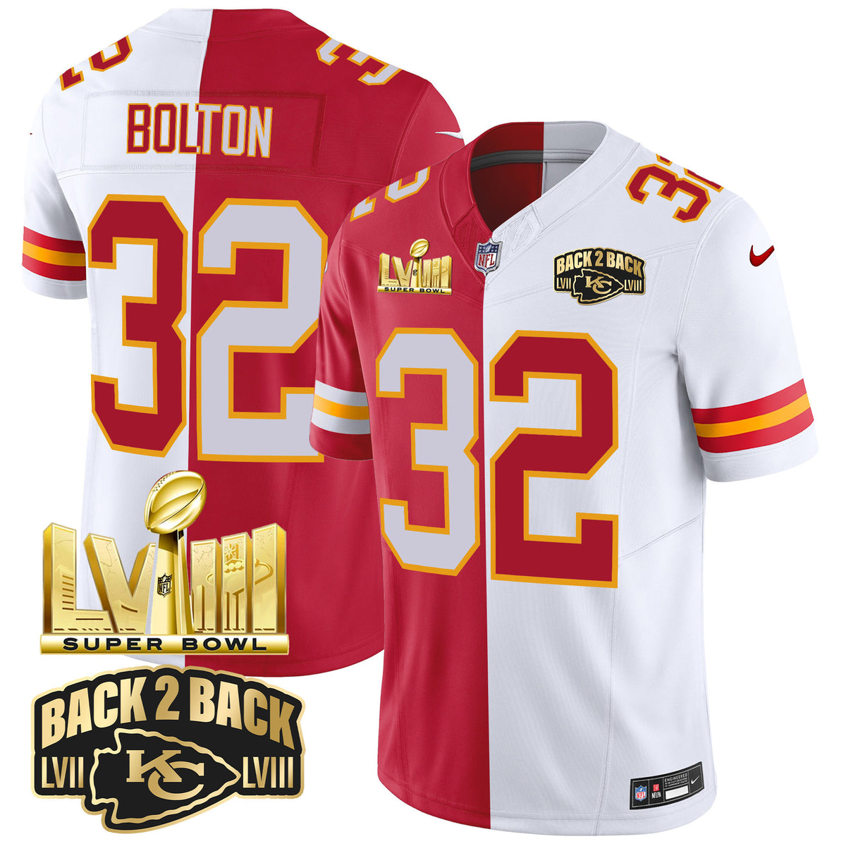 Men's Chiefs Super Bowl LVIII & Back 2 Back Gold Patch Vapor Jersey V2 - All Stitched - Split - Nick Bolton — view 1