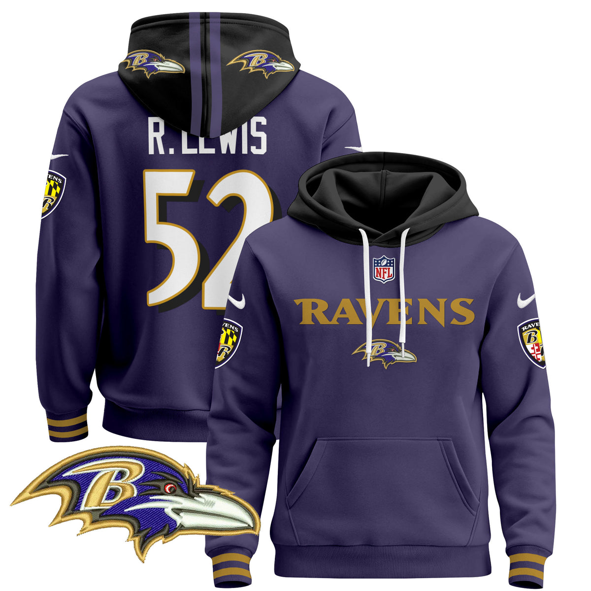 Men's Baltimore Ravens 2024 Pullover Hoodie V3 - All Stitched - Purple - Ray Lewis — view 1