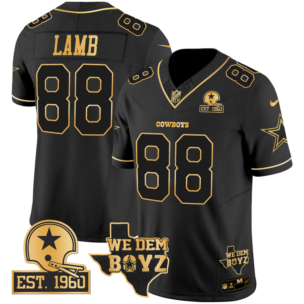 Men's Cowboys Est. 1960 & We Dem Boyz Patch Gold Vapor Limited Jersey V2 - All Stitched - Black Gold - CeeDee Lamb — view 1