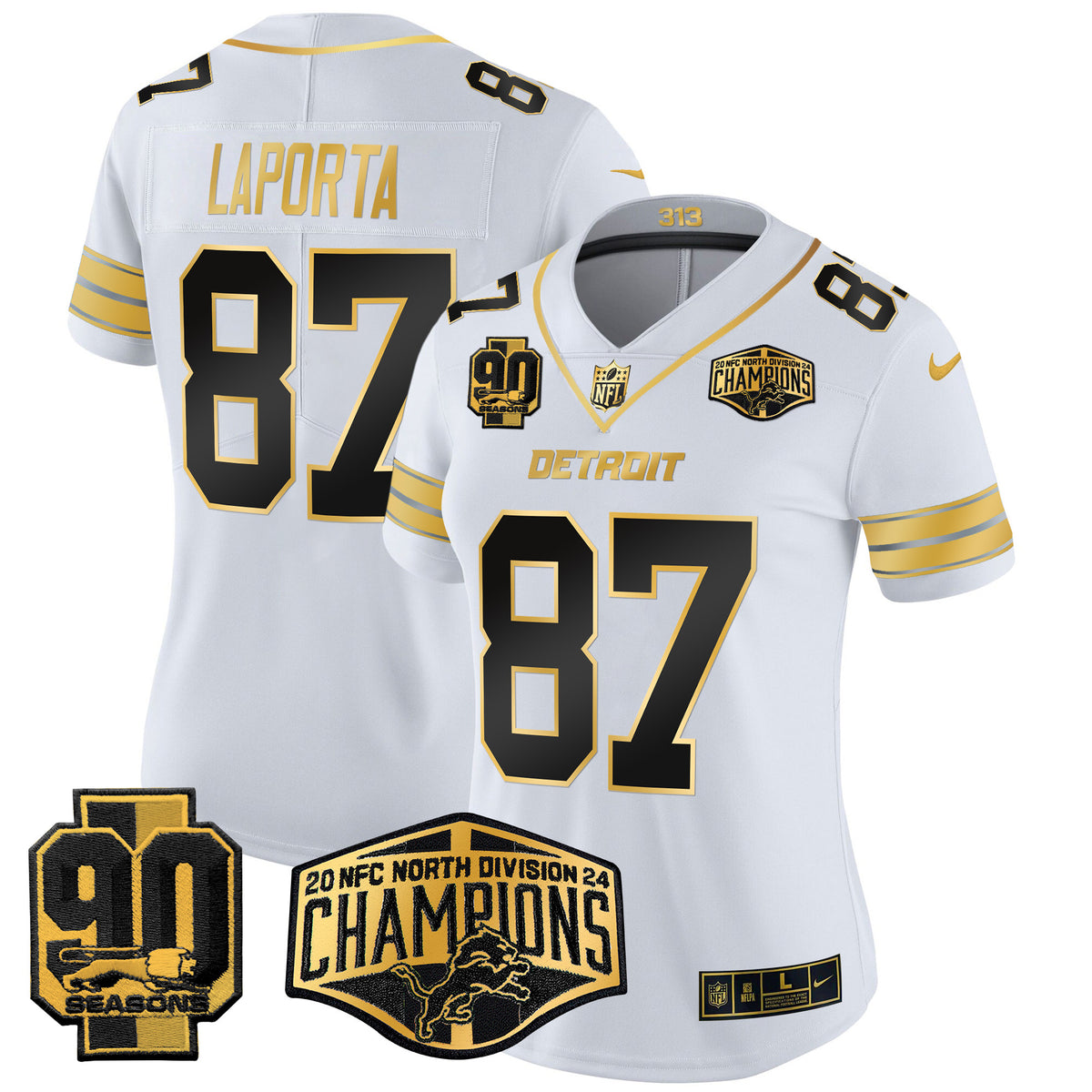 Women's Detroit Lions 2024 NFC North Division Champions Patch Gold Vapor Limited Jersey - All Stitched - White Gold - Sam Laporta — view 1