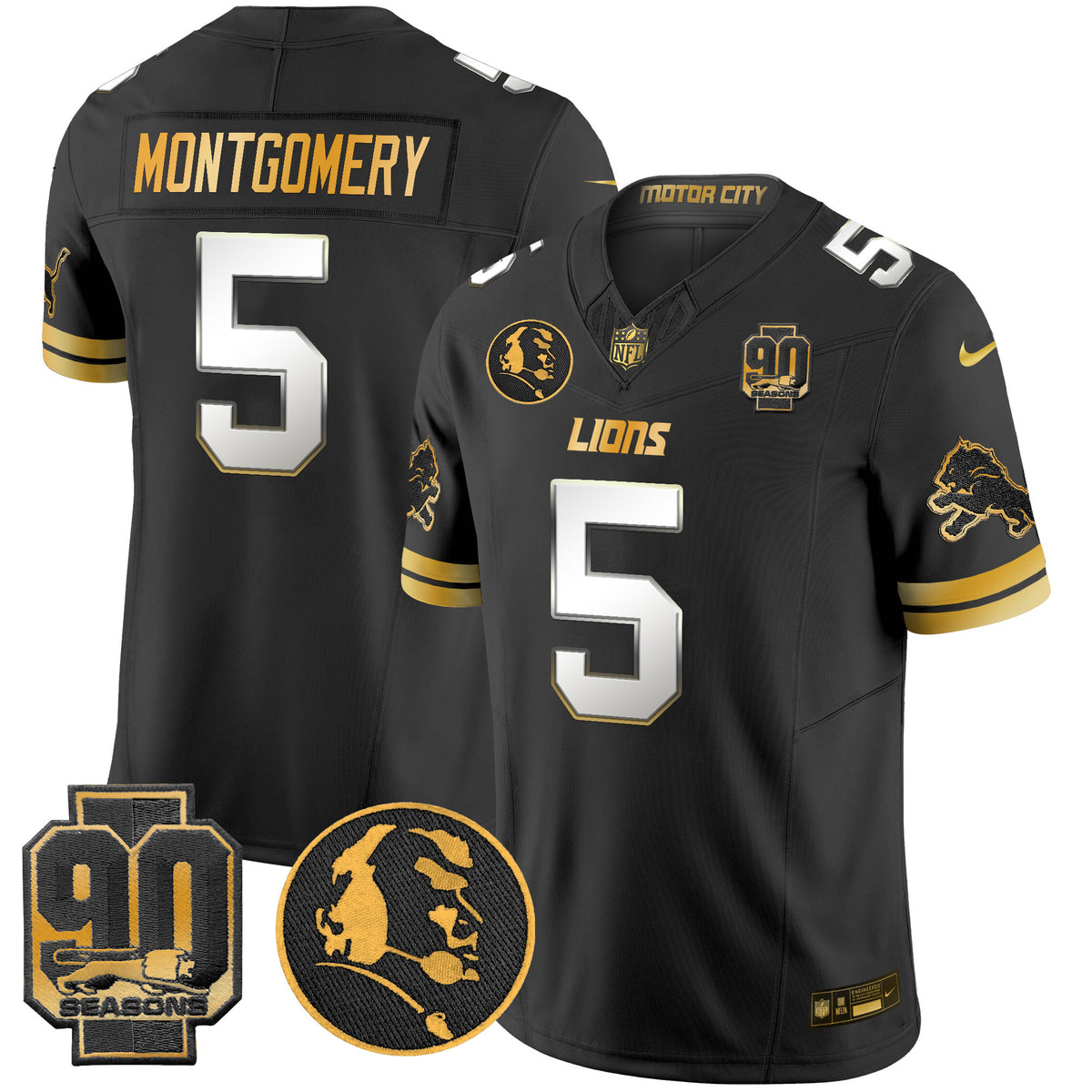 Men's Detroit Lions 2024 90th & John Madden Patch Gold Vapor Limited Jersey V2 - All Stitched - Black Limited - David Montgomery — view 1