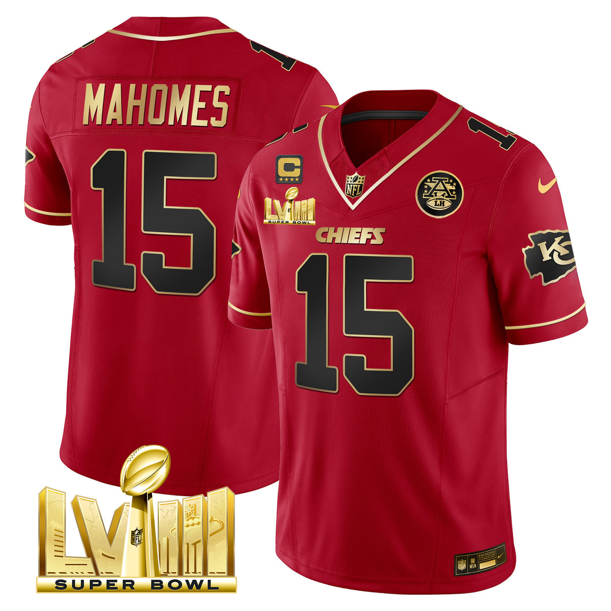 Men's Chiefs Super Bowl LVIII Gold Patch Vapor Jersey - All Stitched - Red Special - Patrick Mahomes — view 1