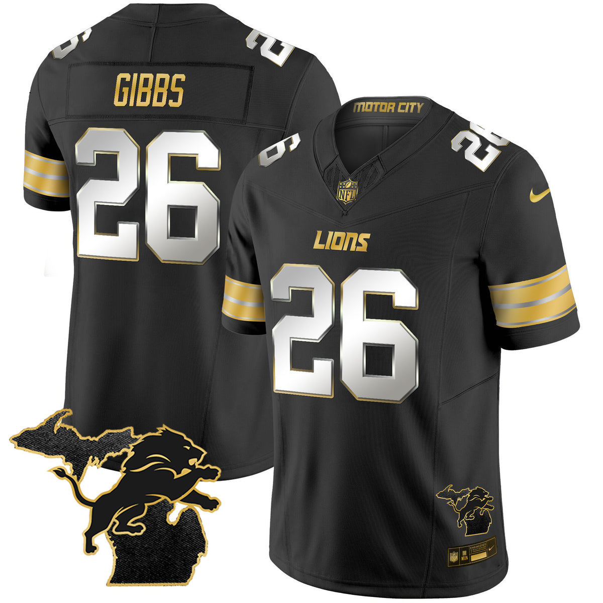 Men's Detroit Lions 2024 Michigan Patch Gold Vapor Jersey - All Stitched - Black Limited - Jahmyr Gibbs — view 1