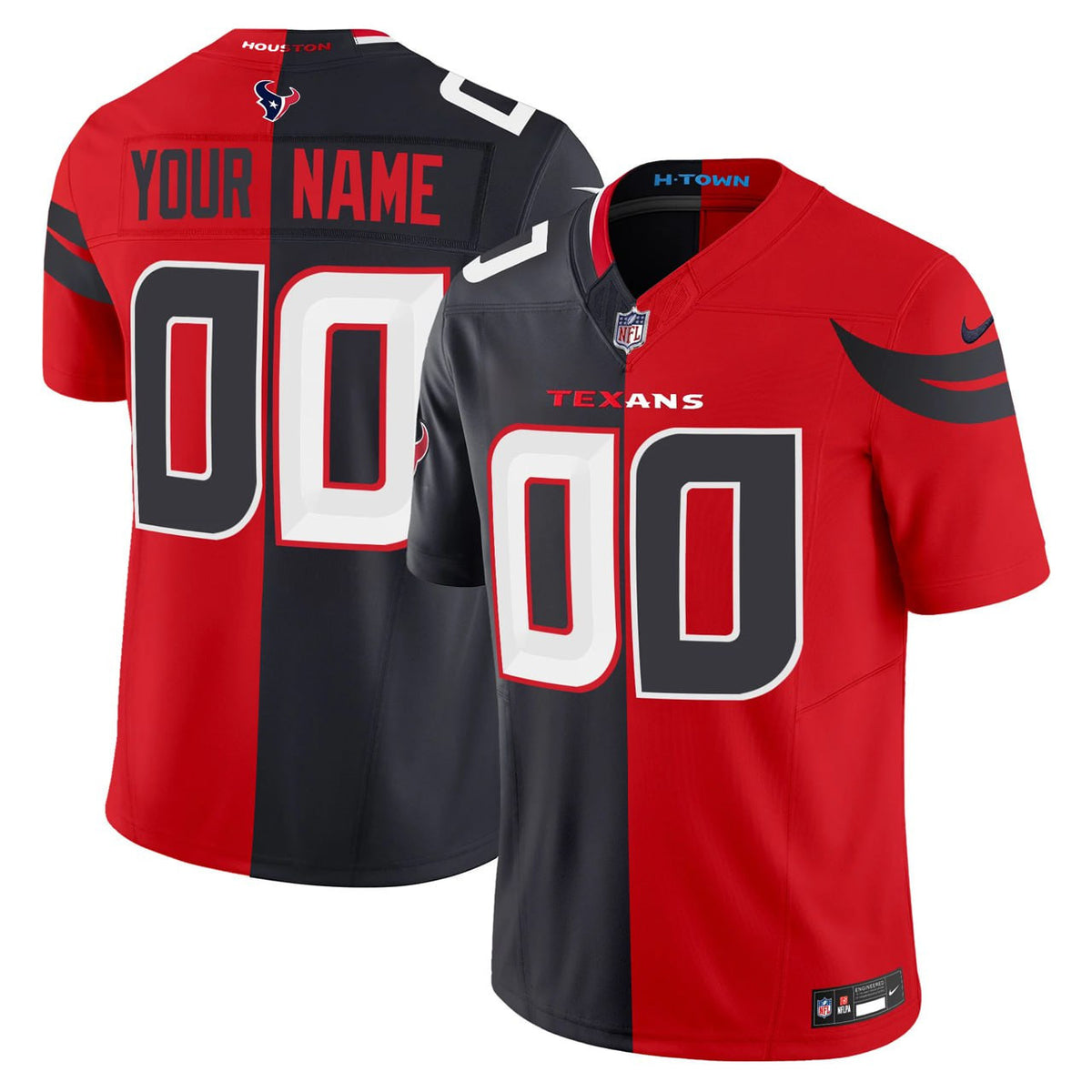 Houston Texans Split Dark Blue And Red Custom Jersey - All Stitched - Split — view 1