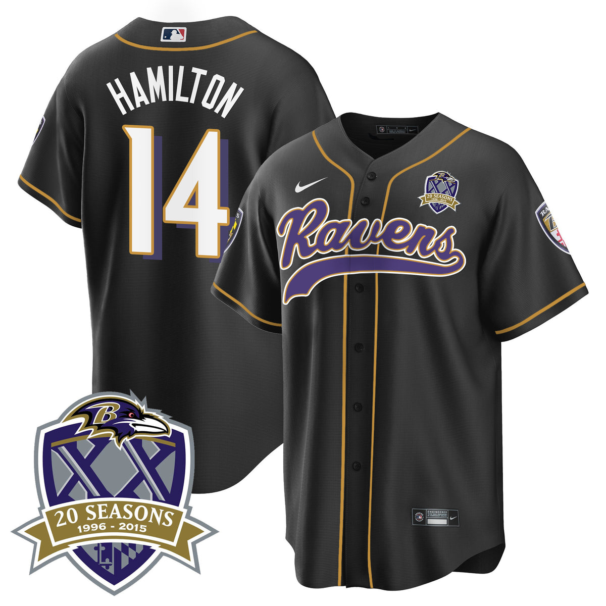 Men's Ravens 20th Season Patch Baseball Jersey - All Stitched - Black - Kyle Hamilton — view 1