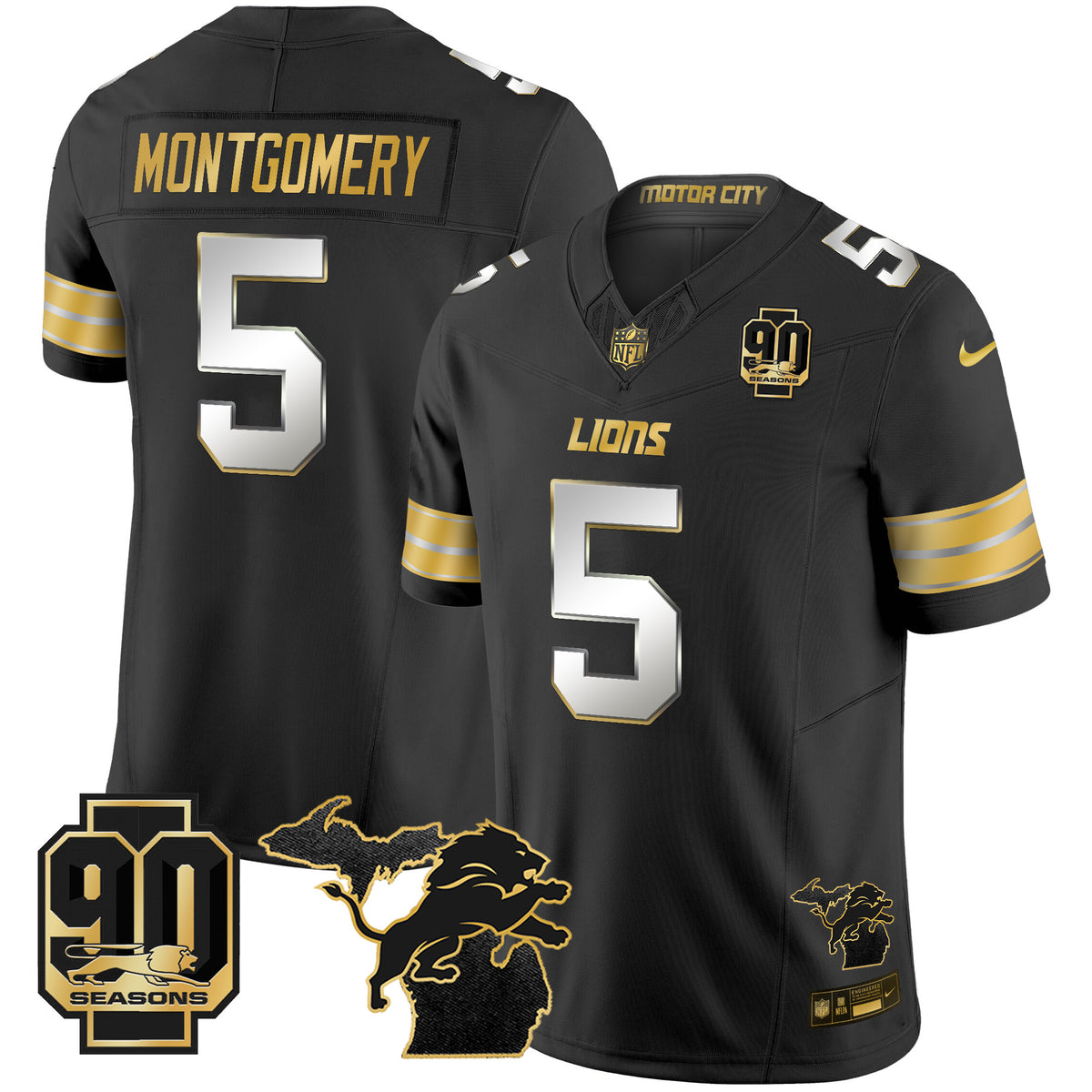 Men's Detroit Lions 2025 Michigan & 90th Season Patch Gold Vapor Limited Jersey - All Stitched - Black Limited - David Montgomery — view 1