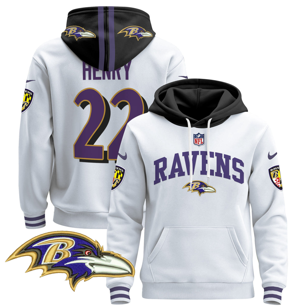 Men's Baltimore Ravens 2024 Pullover Hoodie V2 - All Stitched - White - Derrick Henry — view 1