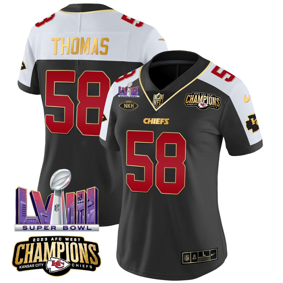 Women's Chiefs AFC West Champions & Super Bowl LVIII Patch Vapor Jersey - All Stitched - Black Alternate - Derrick Thomas — view 1