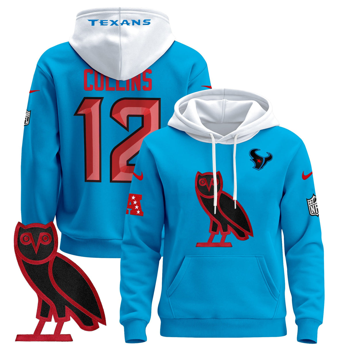 Men's Houston Texans OVO 2024 Pullover Hoodie - All Stitched - Blue - Nico Collins — view 1