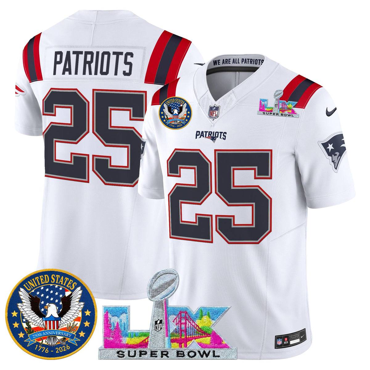 Men's New England Patriots Super Bowl LX & United States 250th Patch Vapor Limited Jersey - All Stitched - White - #25 Patriots — view 1