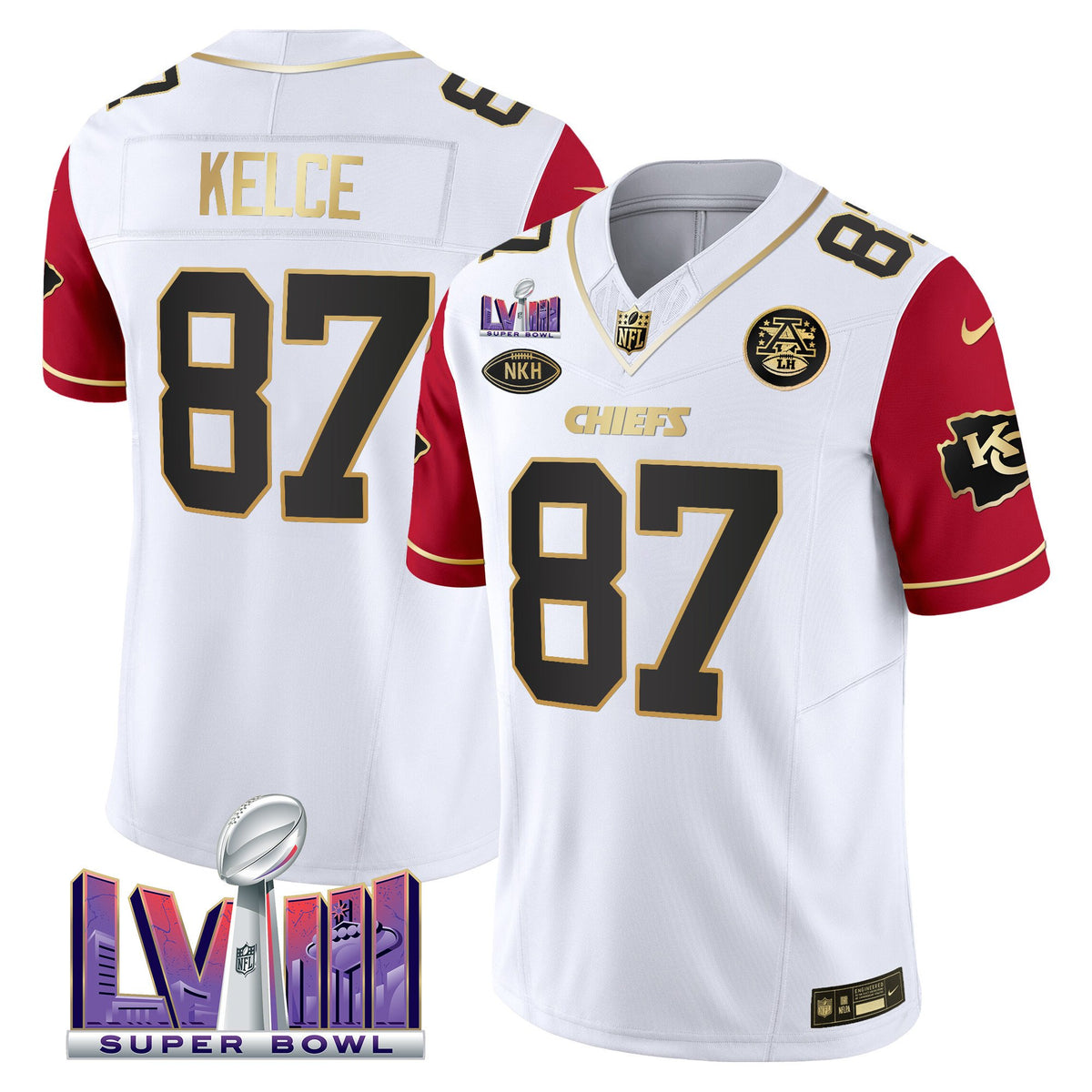 Men's Chiefs Super Bowl LVIII Patch Vapor Jersey V3 - All Stitched - Color Sleeves - Travis Kelce — view 1