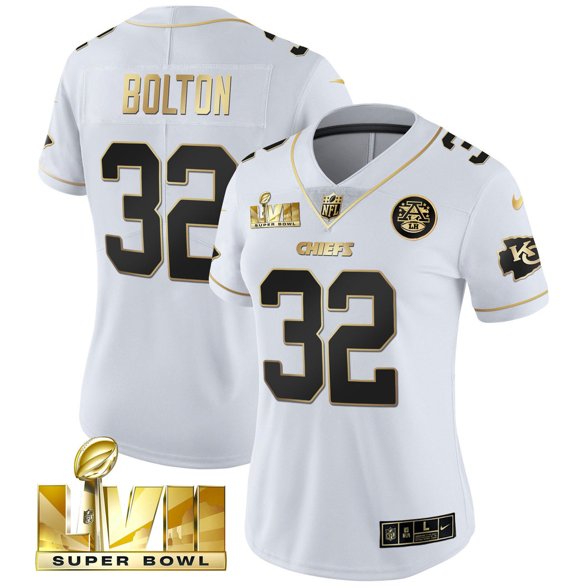 Women's Chiefs Super Bowl Vapor Gold Jersey - All Stitched - White Gold - Nick Bolton — view 1