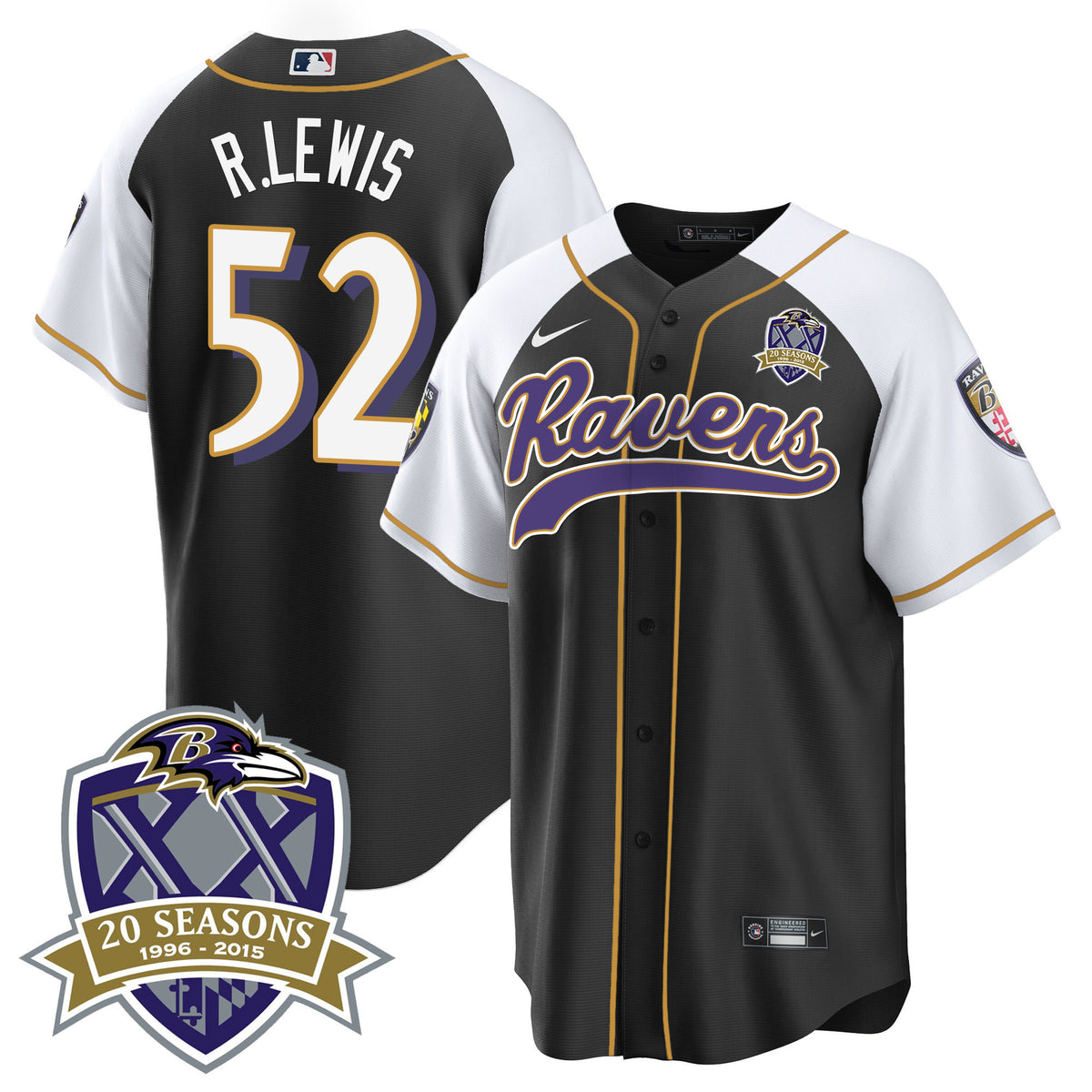 Men's Ravens 20th Season Patch Baseball Jersey - All Stitched - Black Alternate - Ray Lewis — view 1