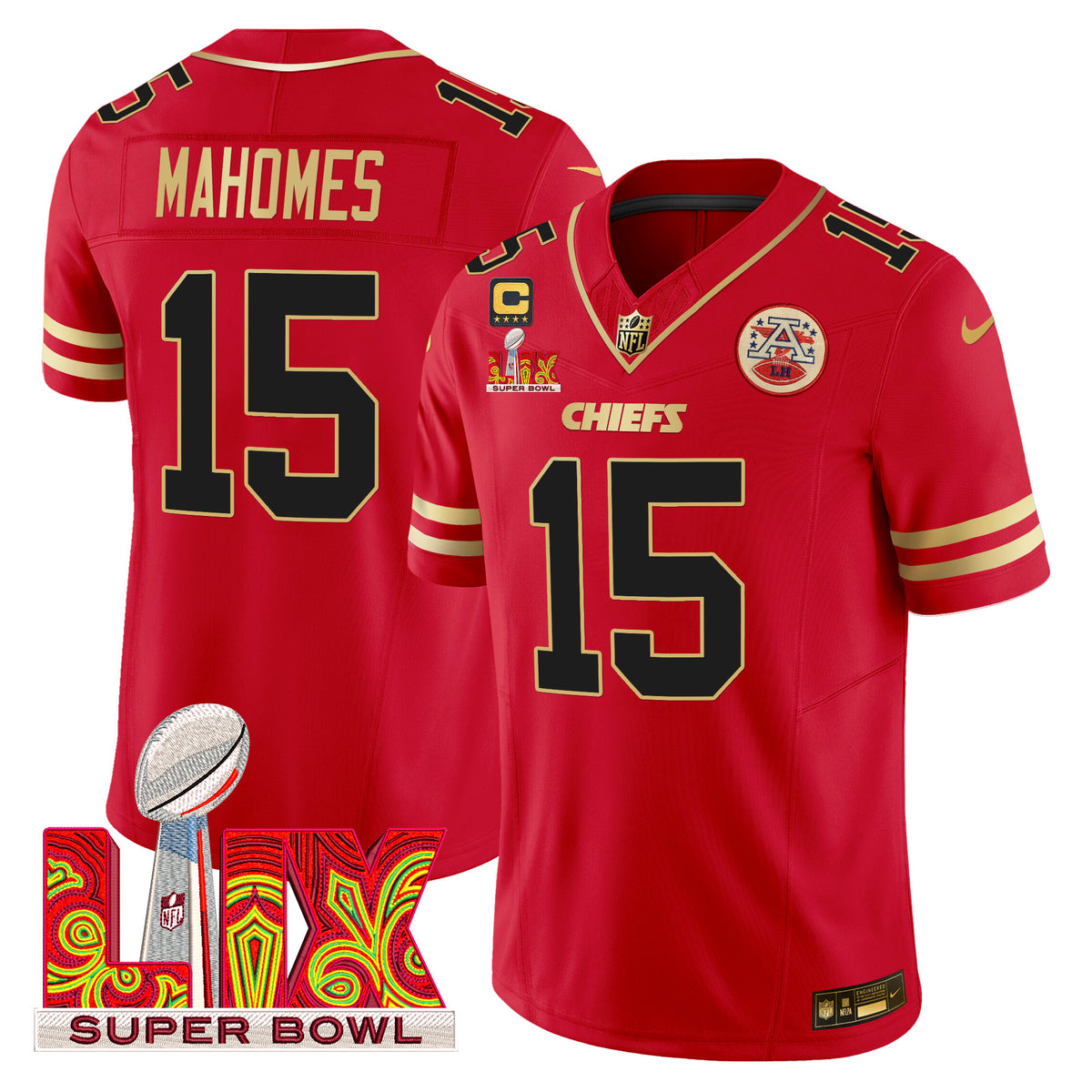Men's Chiefs Super Bowl LIX Patch Gold Trim Vapor Limited Jersey - All Stitched - Red - Patrick Mahomes — view 1