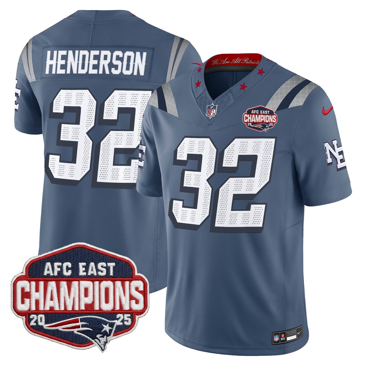 Men's New England Patriots 2025 AFC East Division Champions Vapor Limited Jersey - All Stitched - Storm Blue - TreVeyon Henderson — view 1