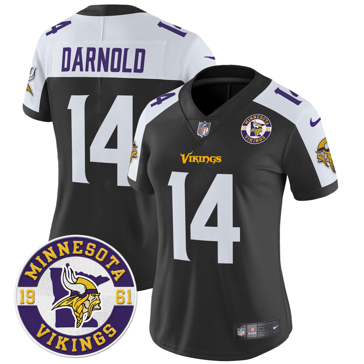 Women's Minnesota Vikings 2024 Vapor Limited Jersey V2 - Est. 1961 Patch - All Stitched - Black Alternate - Sam Darnold — view 1