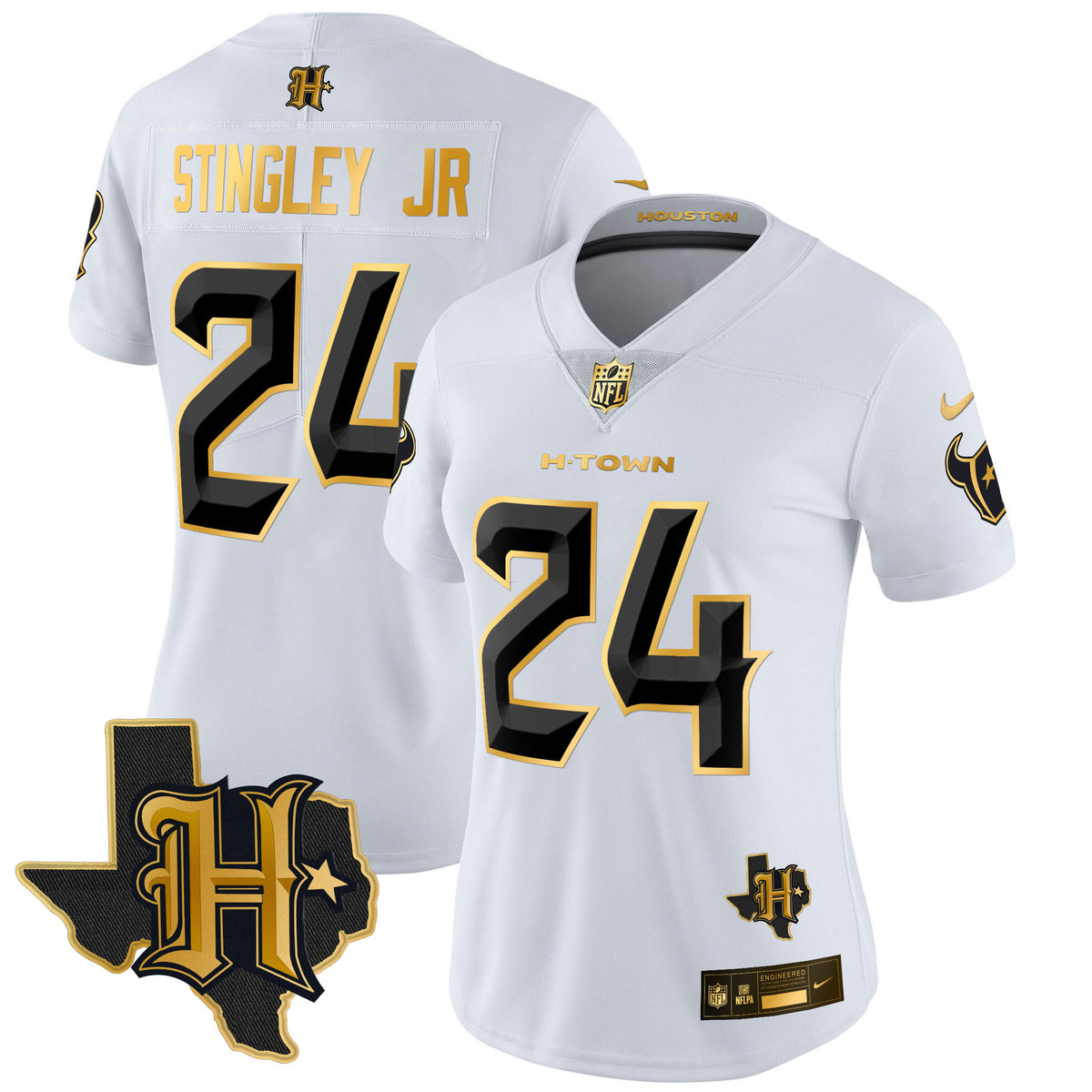 Women's Houston Texans 2024 Texas Patch Gold Vapor Limited Jersey - All Stitched - White Gold - Derek Stingley Jr — view 1