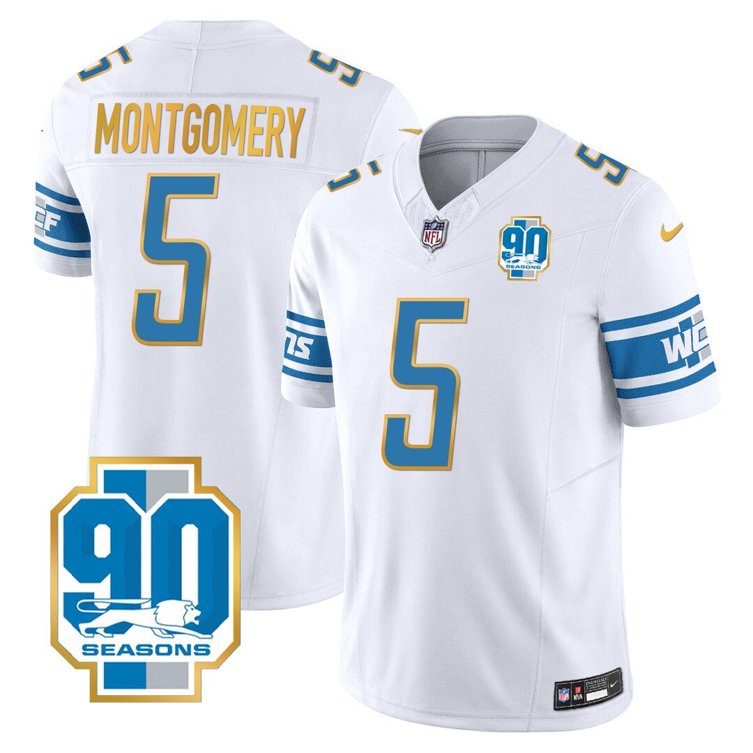Men's Detroit Lions 90th Year Patch Gold Trim Jersey - All Stitched - White - David Montgomery — view 1
