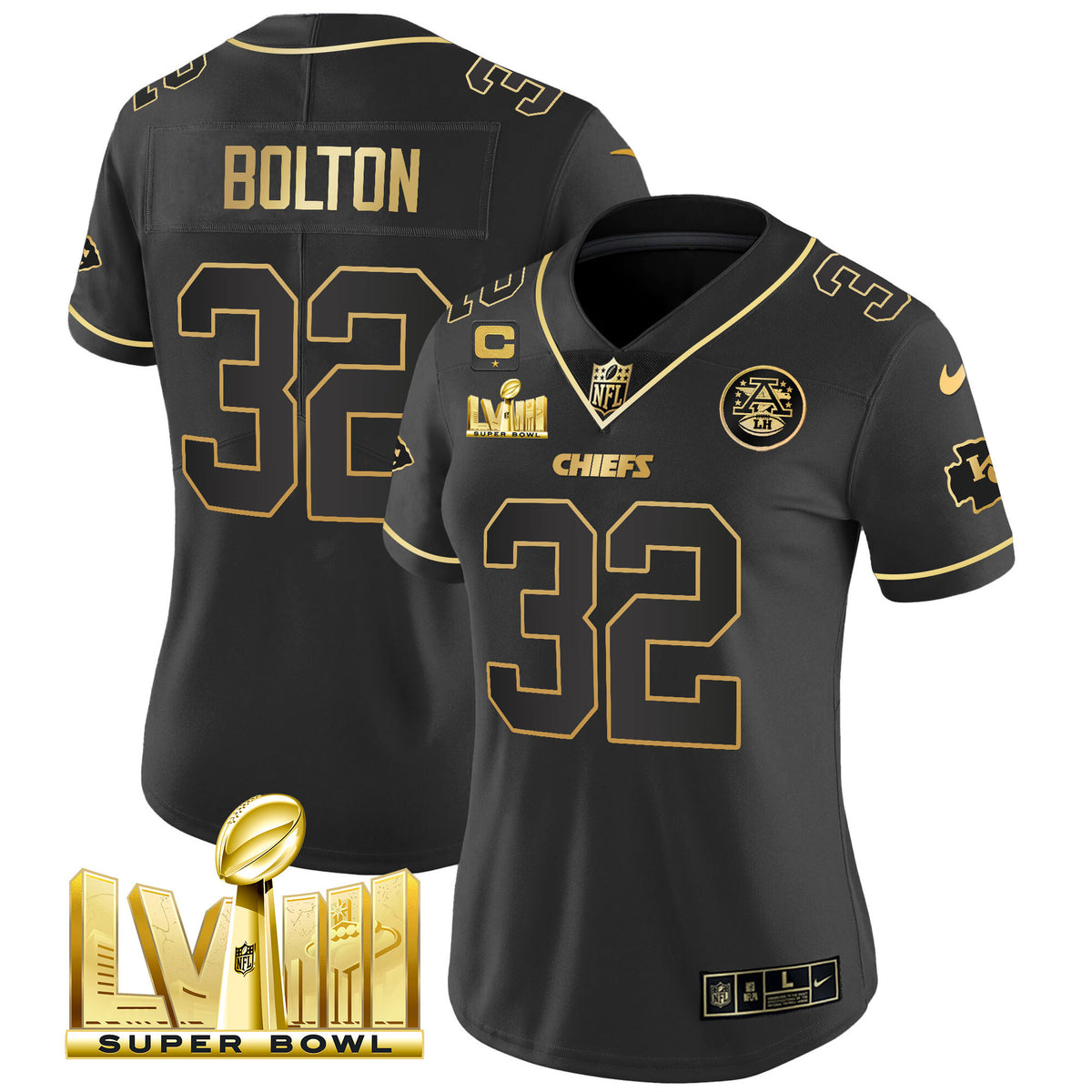Women's Chiefs Super Bowl LVIII Gold Patch Vapor Jersey V4 - All Stitched - Black Gold - Nick Bolton — view 1