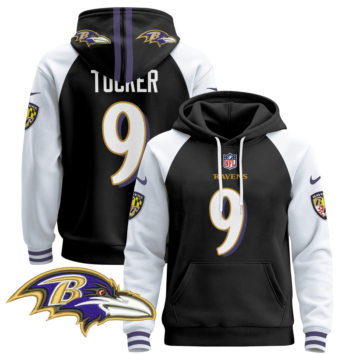Men's Baltimore Ravens 2024 Pullover Hoodie V4 - All Stitched - Black Alternate - Justin Tucker — view 1