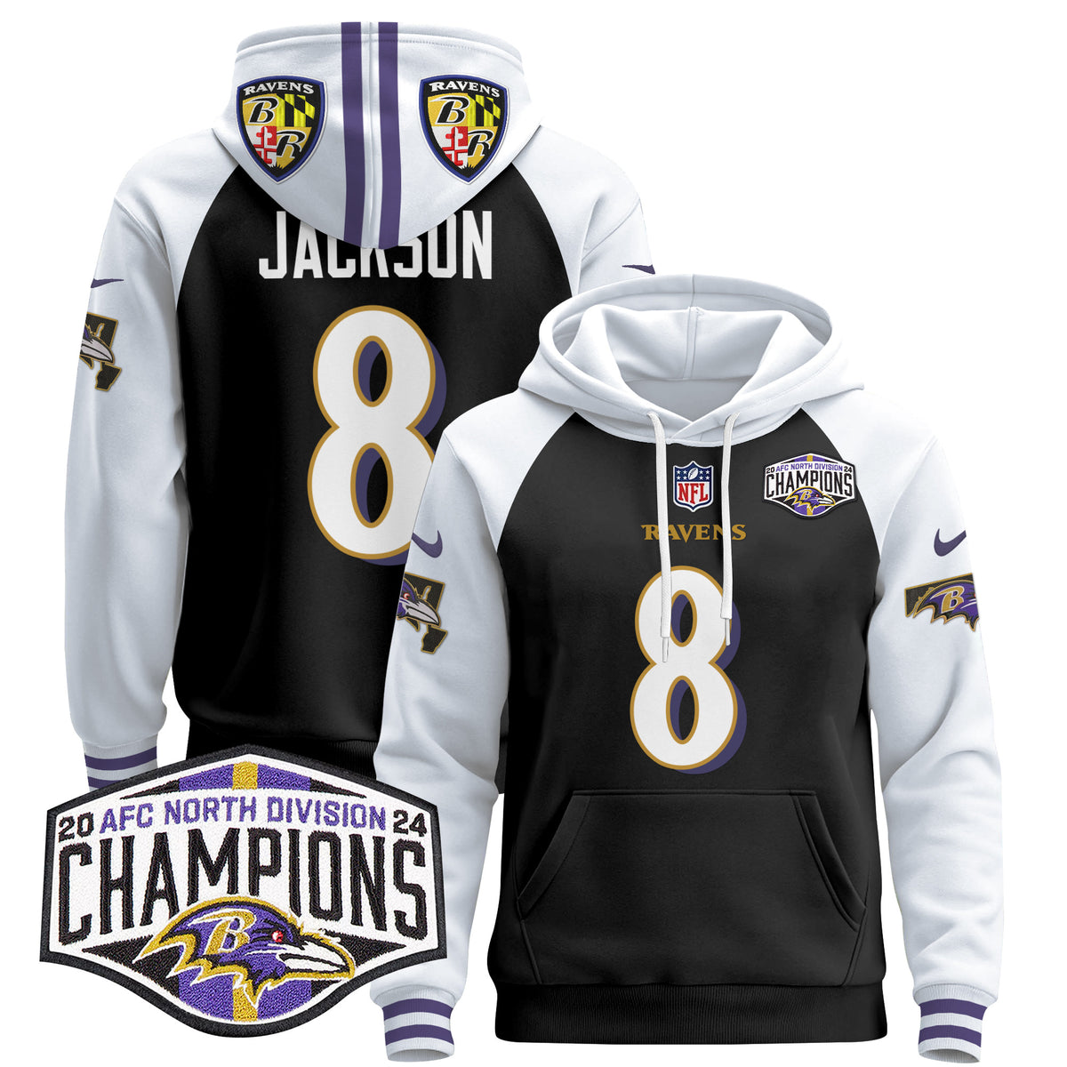 Men's Baltimore Ravens 2024 AFC North Division Champions Patch Pullover Hoodie V2 - All Stitched - Black Alternate - Lamar Jackson — view 1