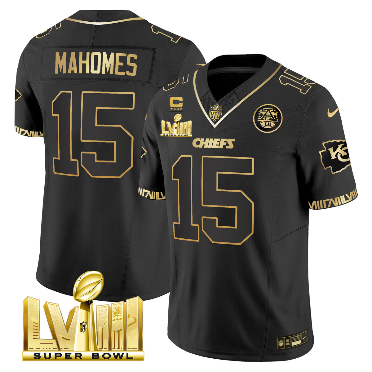 Men's Chiefs Super Bowl LVIII Pattern Gold Vapor Jersey - All Stitched - Black Gold - Patrick Mahomes — view 1