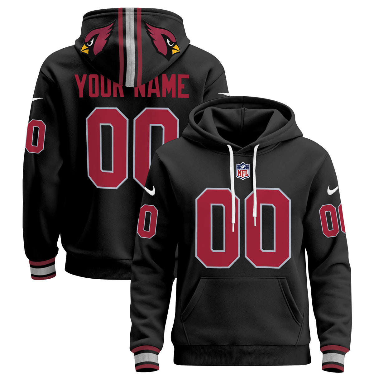 Arizona Cardinals 2024 Custom Pullover Hoodie - All Stitched - Black — view 1