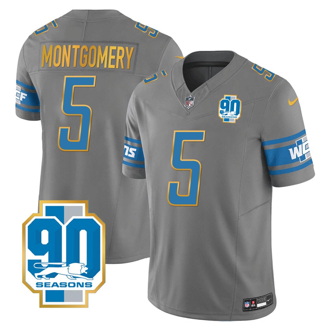 Men's Detroit Lions 90th Year Patch Gold Trim Jersey - All Stitched - Gray - David Montgomery — view 1