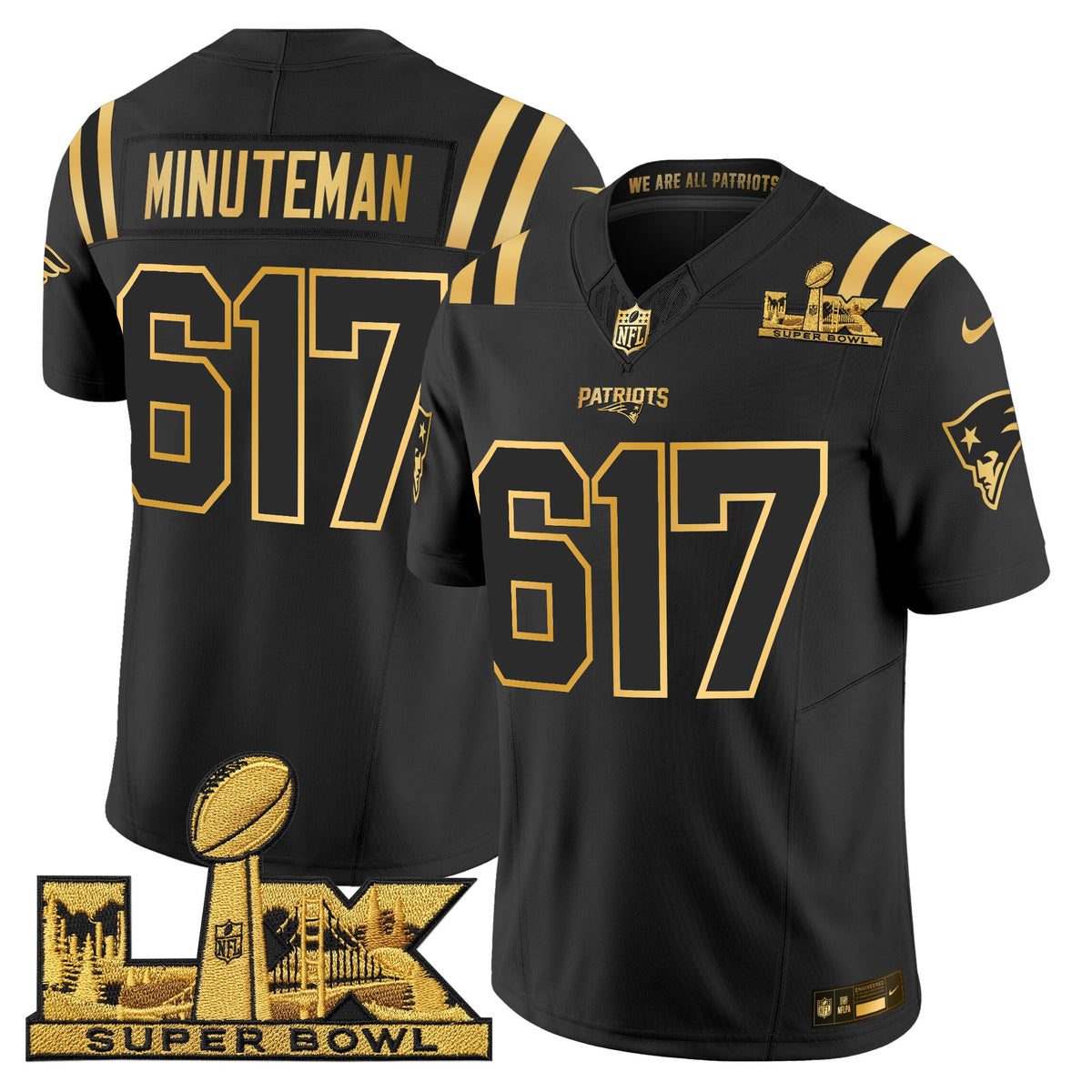Men's New England Patriots Super Bowl LX Gold Vapor Limited Jersey - All Stitched - Black Gold - Minuteman 617 — view 1