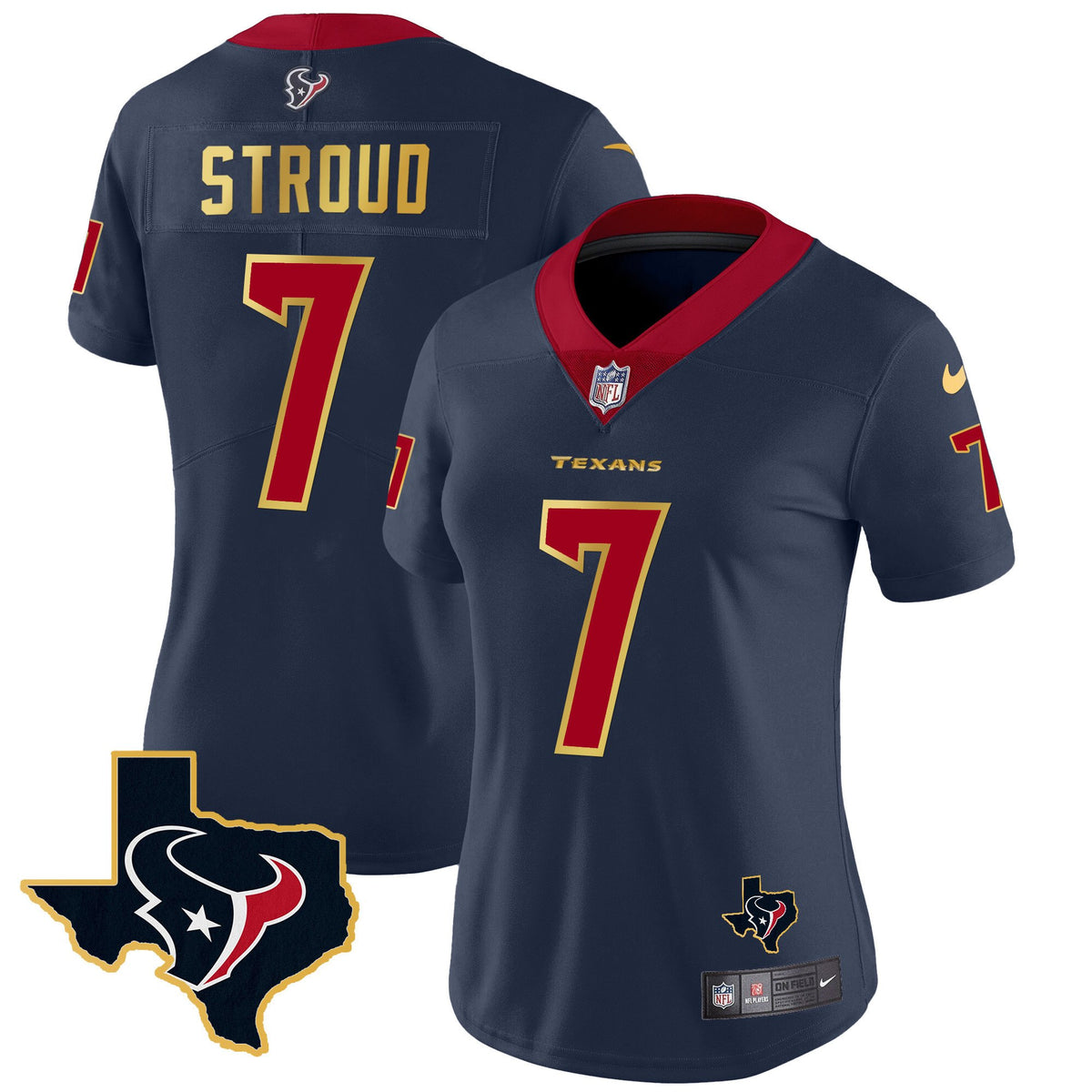 Women's Houston Texans Gold Trim Vapor Jersey - All Stitched - Navy - C.J. Stroud — view 1
