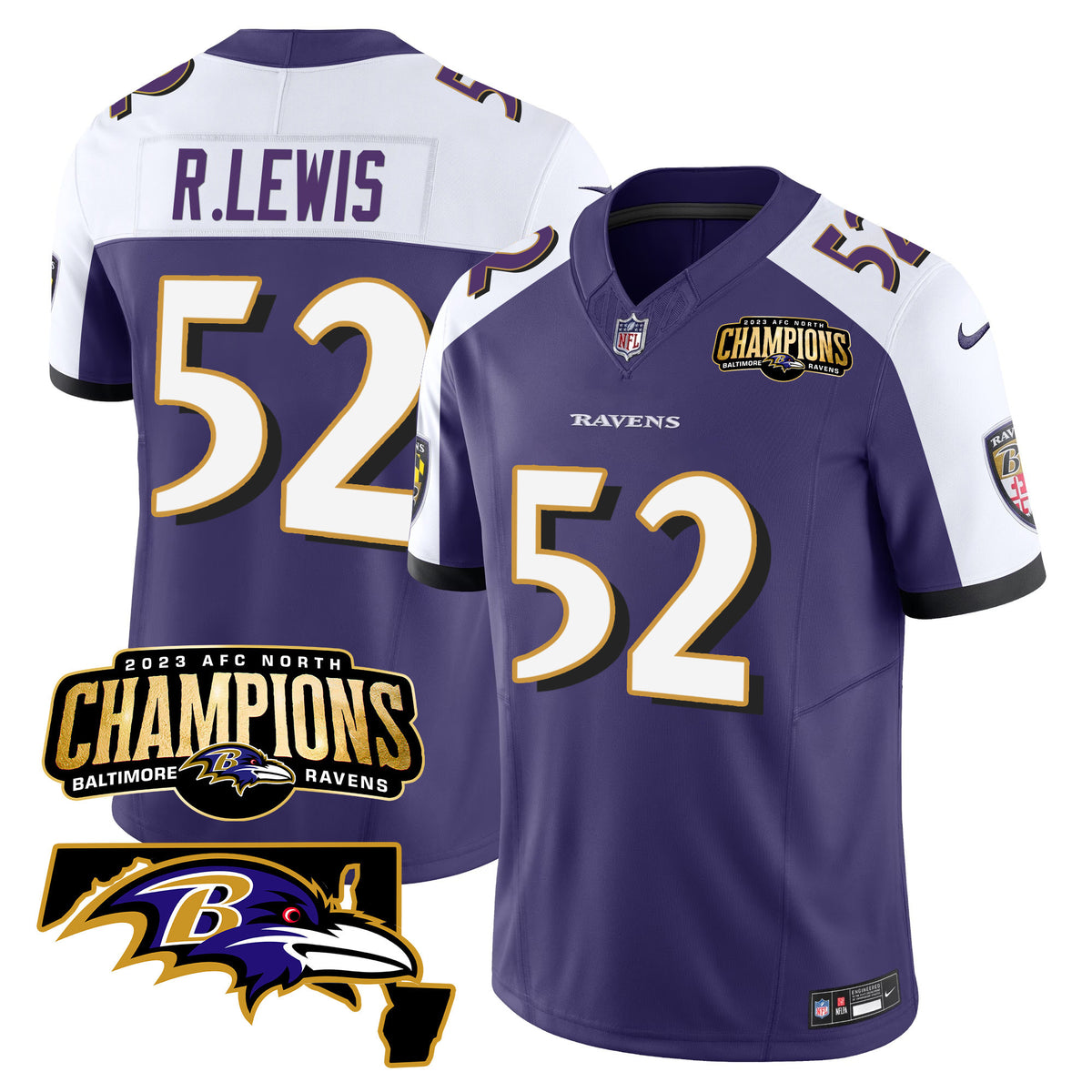 Men's Ravens 2023 AFC North Champions & Maryland Patch Vapor Jersey - All Stitched - Purple Alternate - Ray Lewis — view 1