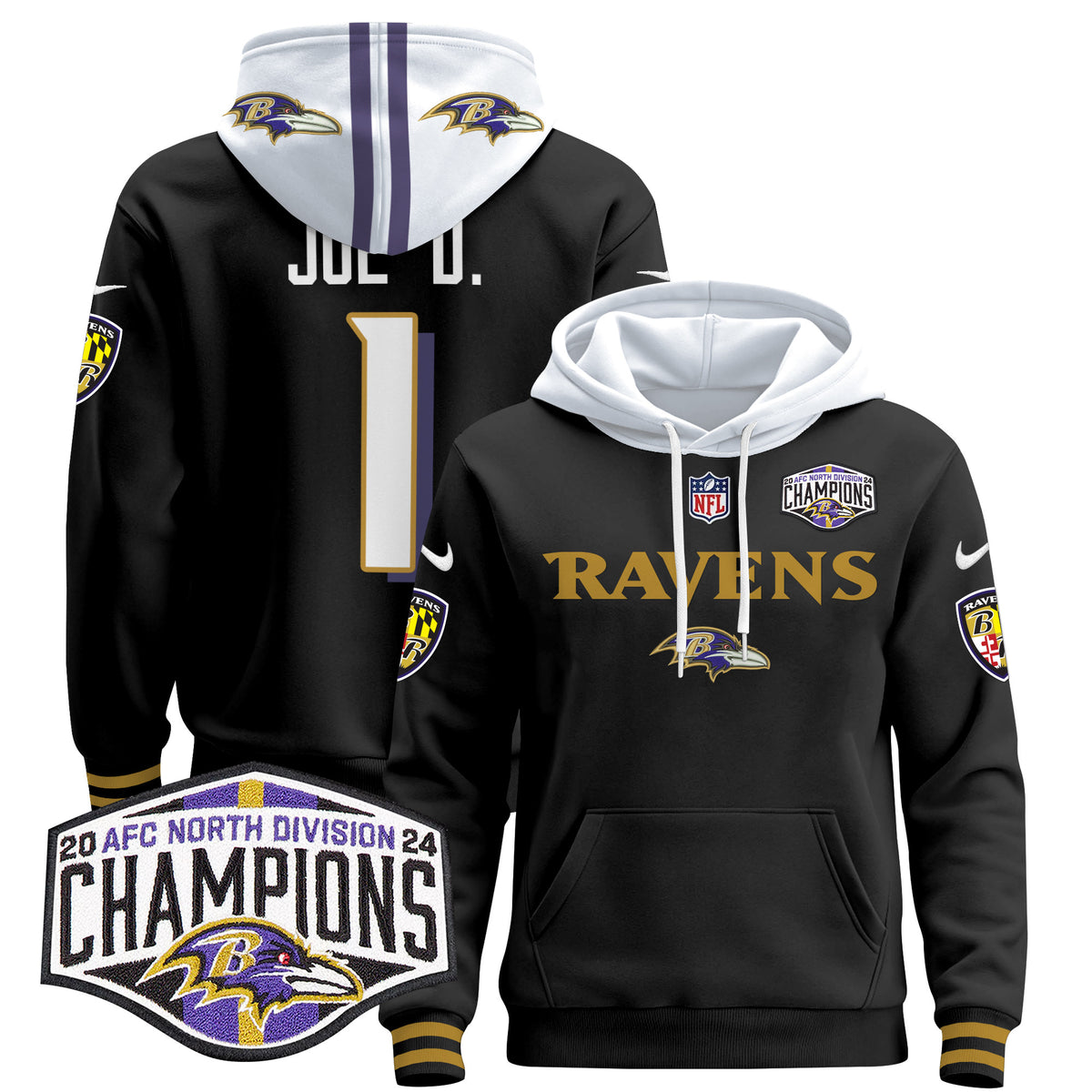 Men's Baltimore Ravens 2024 AFC North Division Champions Patch Pullover Hoodie - All Stitched - Black - Joe D — view 1
