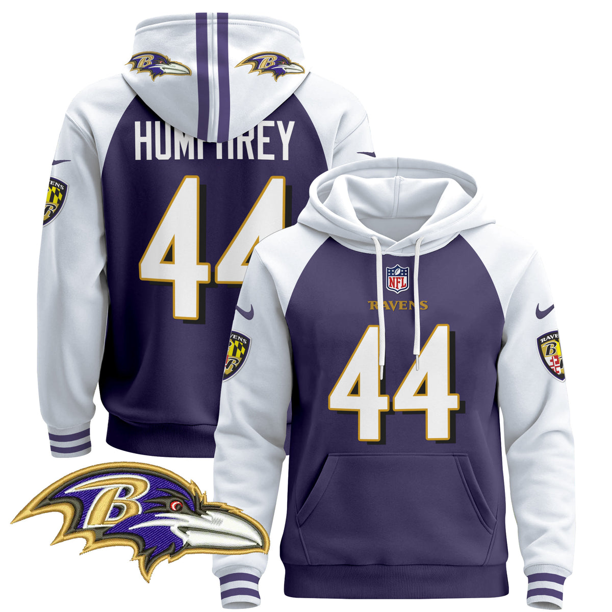 Men's Baltimore Ravens 2024 Pullover Hoodie V4 - All Stitched - Purple Alternate - Marlon Humphrey — view 1
