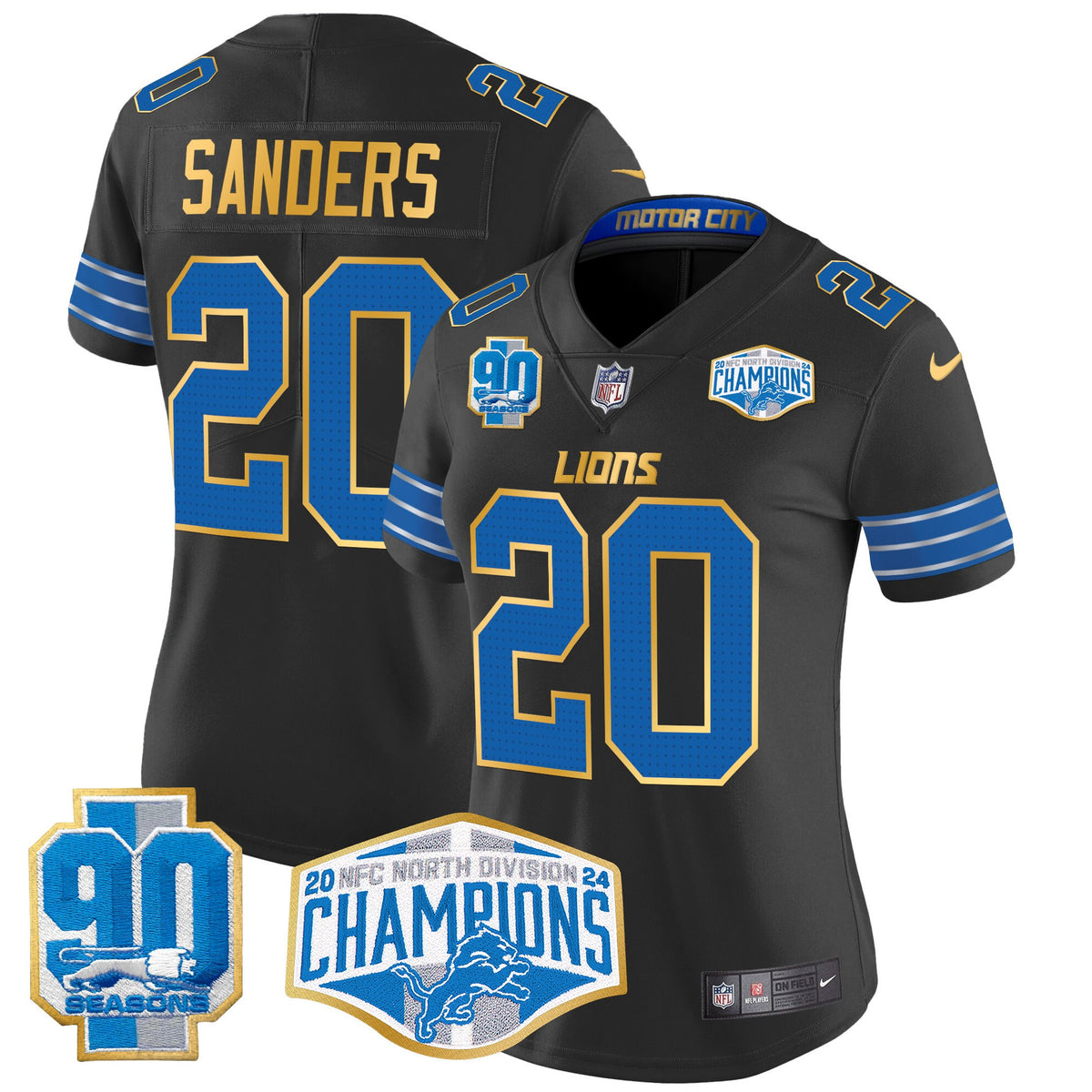 Women's Detroit Lions 2024 NFC North Division Champions Patch Gold Trim Vapor Limited Jersey - All Stitched - Black - Barry Sanders — view 1