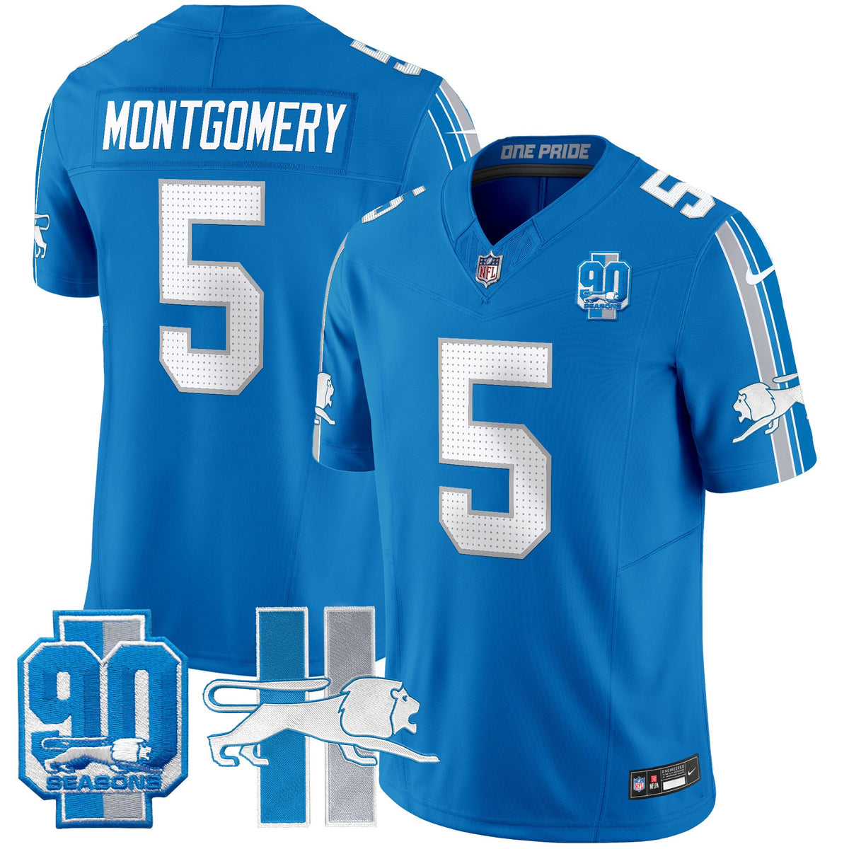Men's Detroit Lions Throwback 90th Year Patch Vapor Limited Jersey - All Stitched - Blue - David Montgomery — view 1