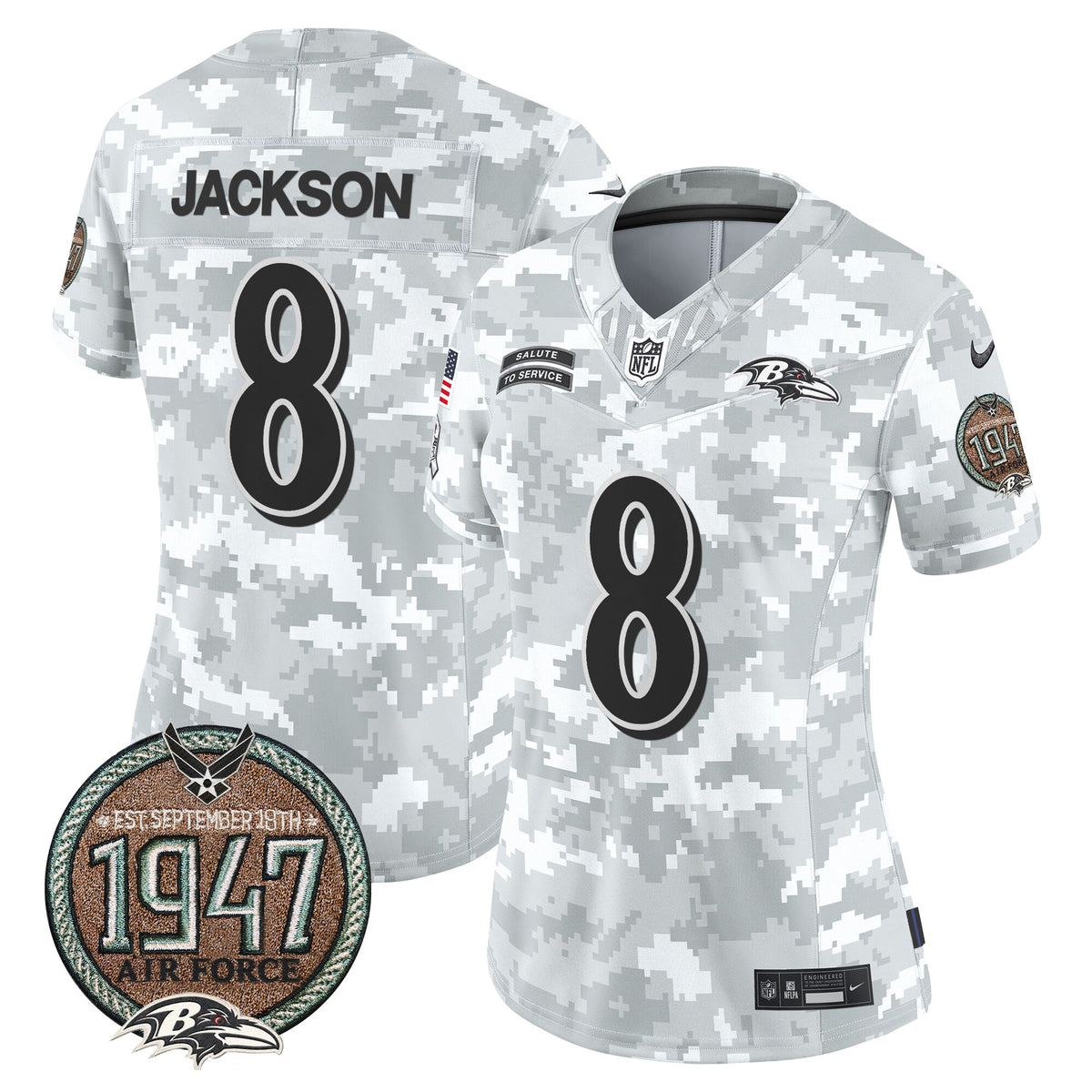 Women's Ravens 2024 Salute to Service Establishment Year Patch Vapor Limited Jersey - All Stitched - Air Force - Lamar Jackson — view 1