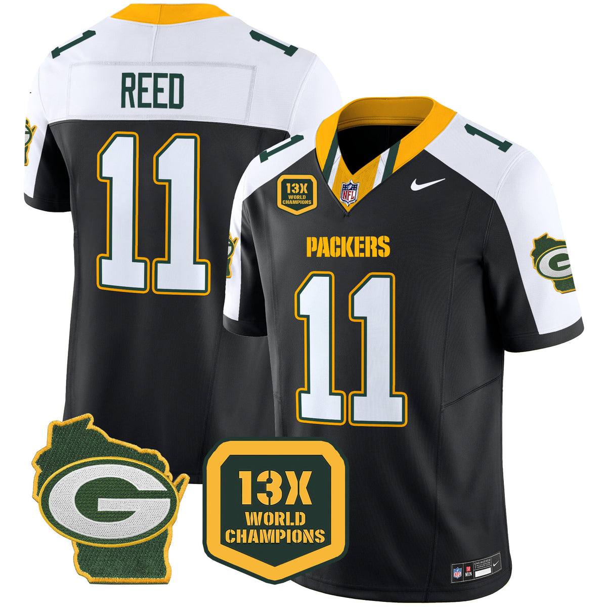 Men's Packers 13 Time World Champions & Home Patch Vapor Limited Jersey – All Stitched - Black Alternate - Jayden Reed — view 1