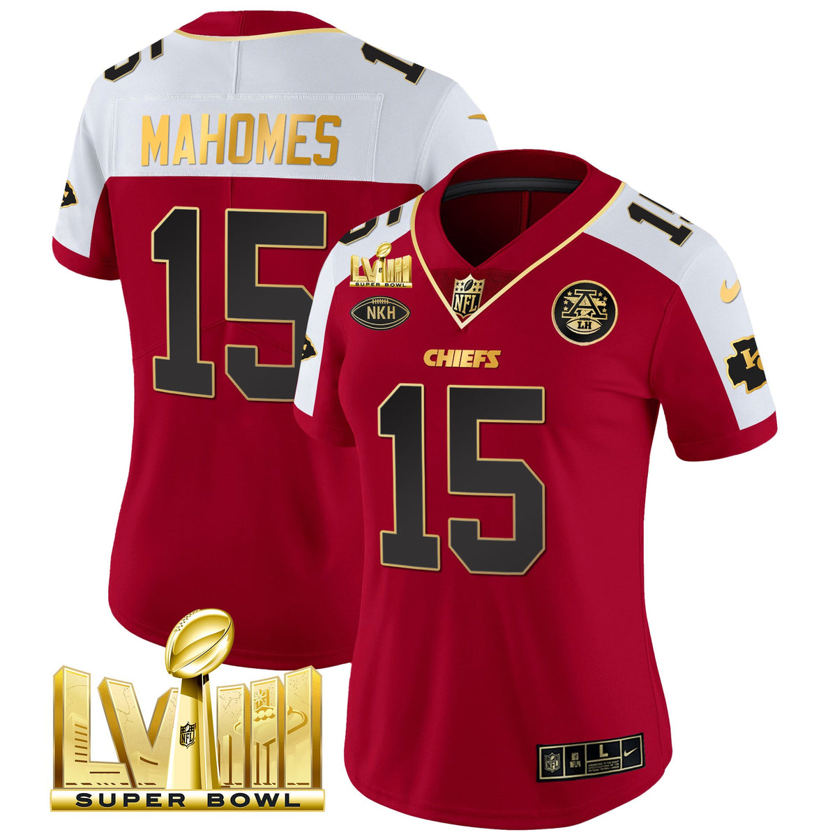 Women's Chiefs Super Bowl LVIII Gold Patch Vapor Jersey V2- All Stitched - Red Alternate - Patrick Mahomes — view 1