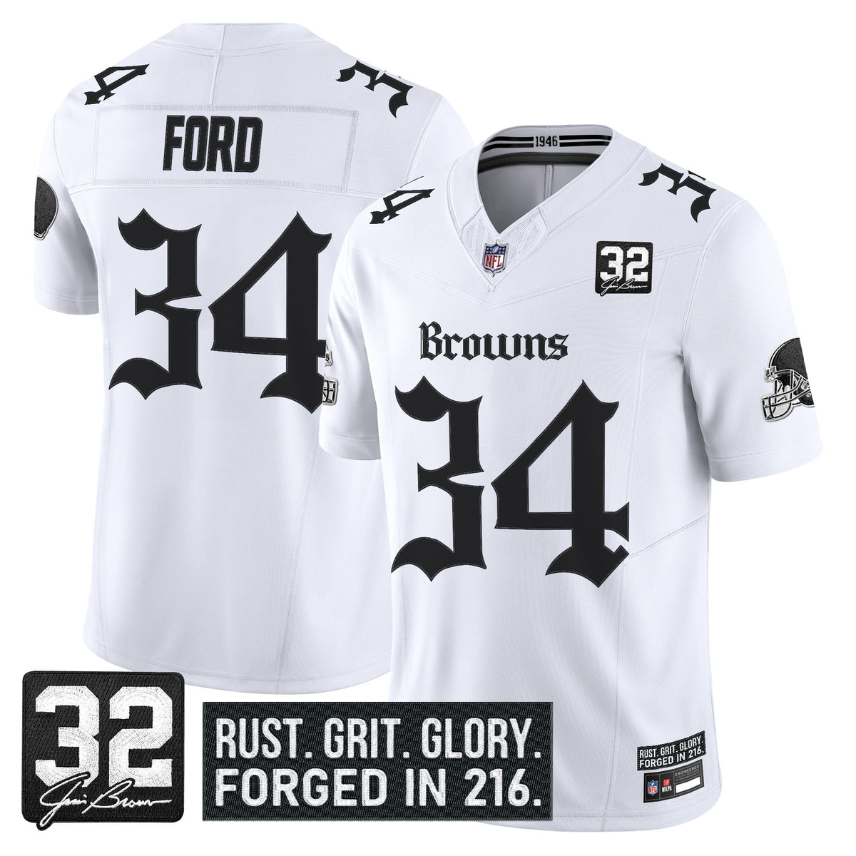 Men's Cleveland Browns 'Gothic Dawg Shadows Drop' Vapor Limited Jersey - All Stitched - White - Jerome Ford — view 1